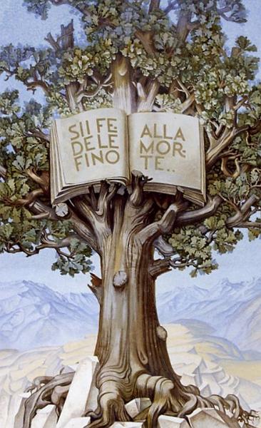 valdese_strom.jpg - Detail z násteného obrazu v Casa Valdese. Nápis "Sii fedele fino allamorte" znamená - Věrni až do smrti.